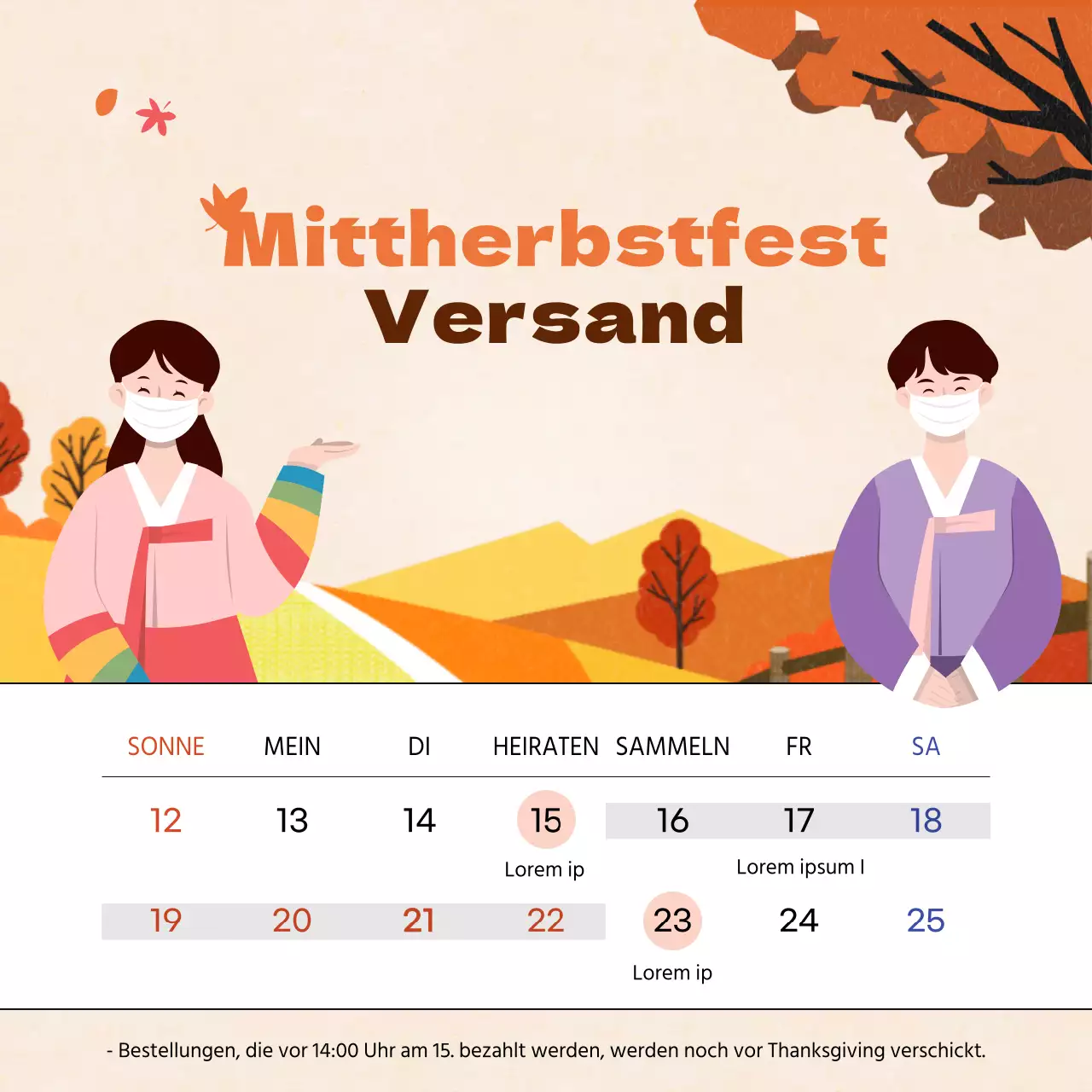 Obon-Lieferung mit einem orangefarbenen herbstlichen Illustrationskonzept
