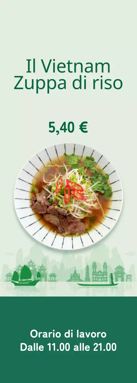 Promuovete un menu pulito con un'immagine di spaghetti di riso in un colore d'accento verde.