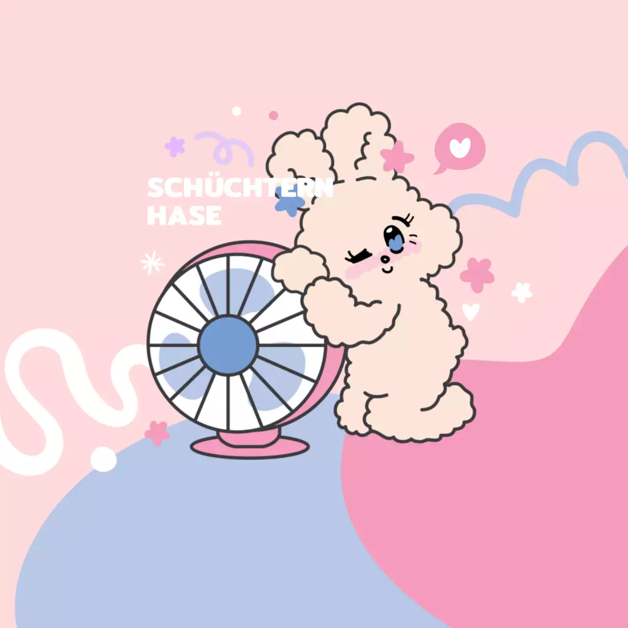 Personalisierte Artikel mit niedlichen Hasenfiguren und Fan-Illustrationen in Rosa und Pastellfarben.