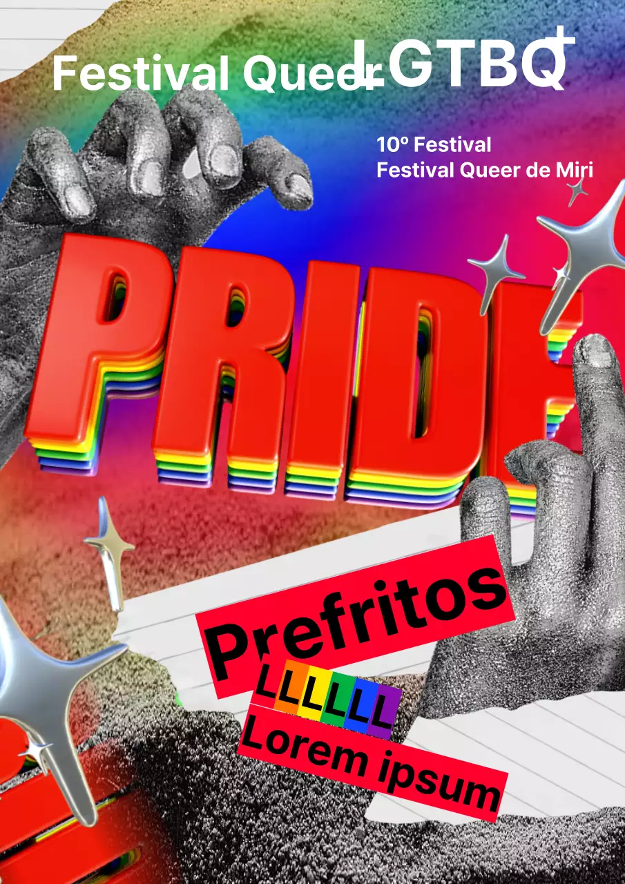 Festival queer en formato de texto y collage arco iris