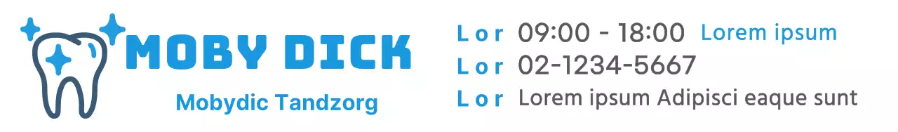 Ontwerp een tandheelkundig promotiemateriaal met een blauw tandheelkundig logo en details van de kliniek.