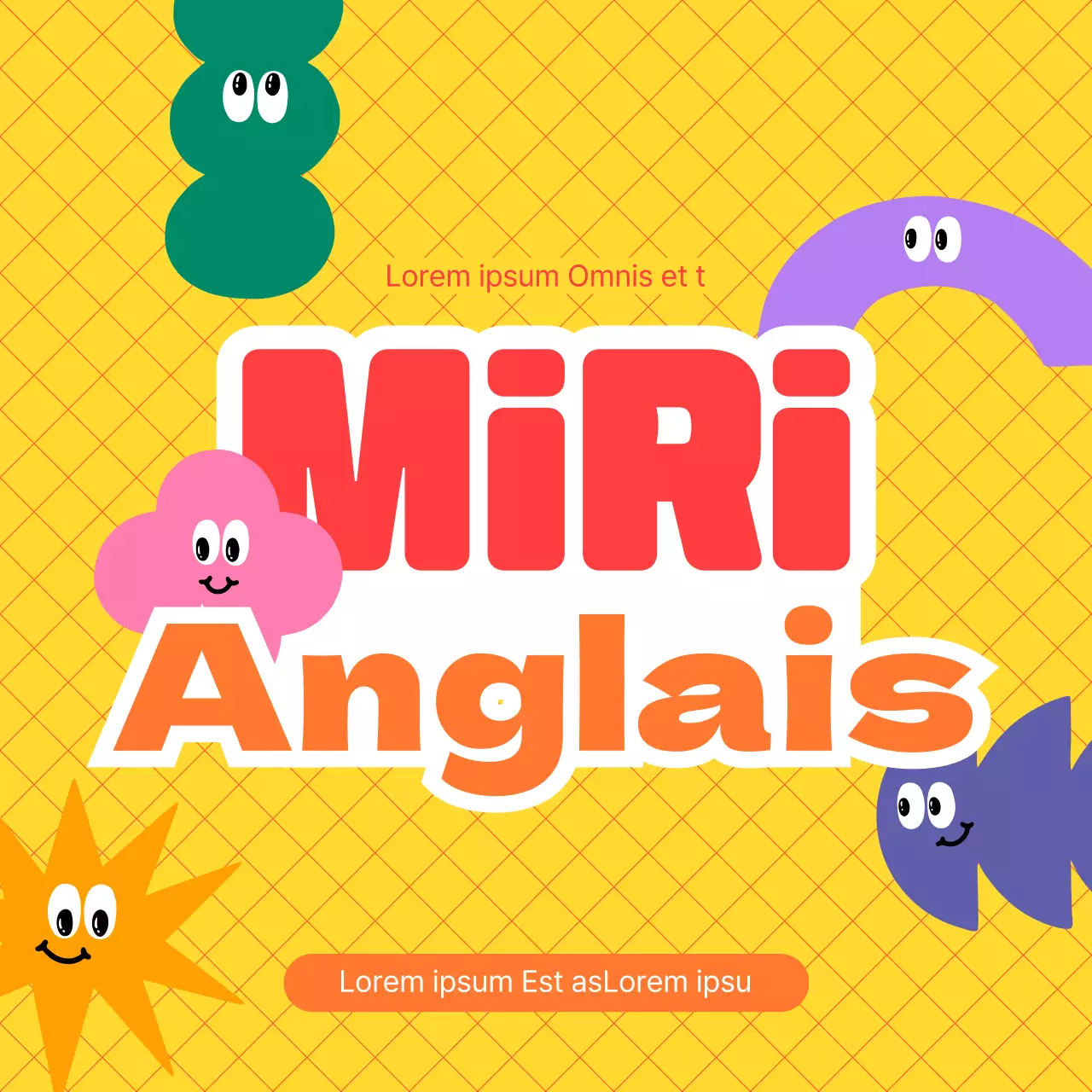 Présentation d'une école primaire de langue anglaise avec un concept coloré et des formes mignonnes.