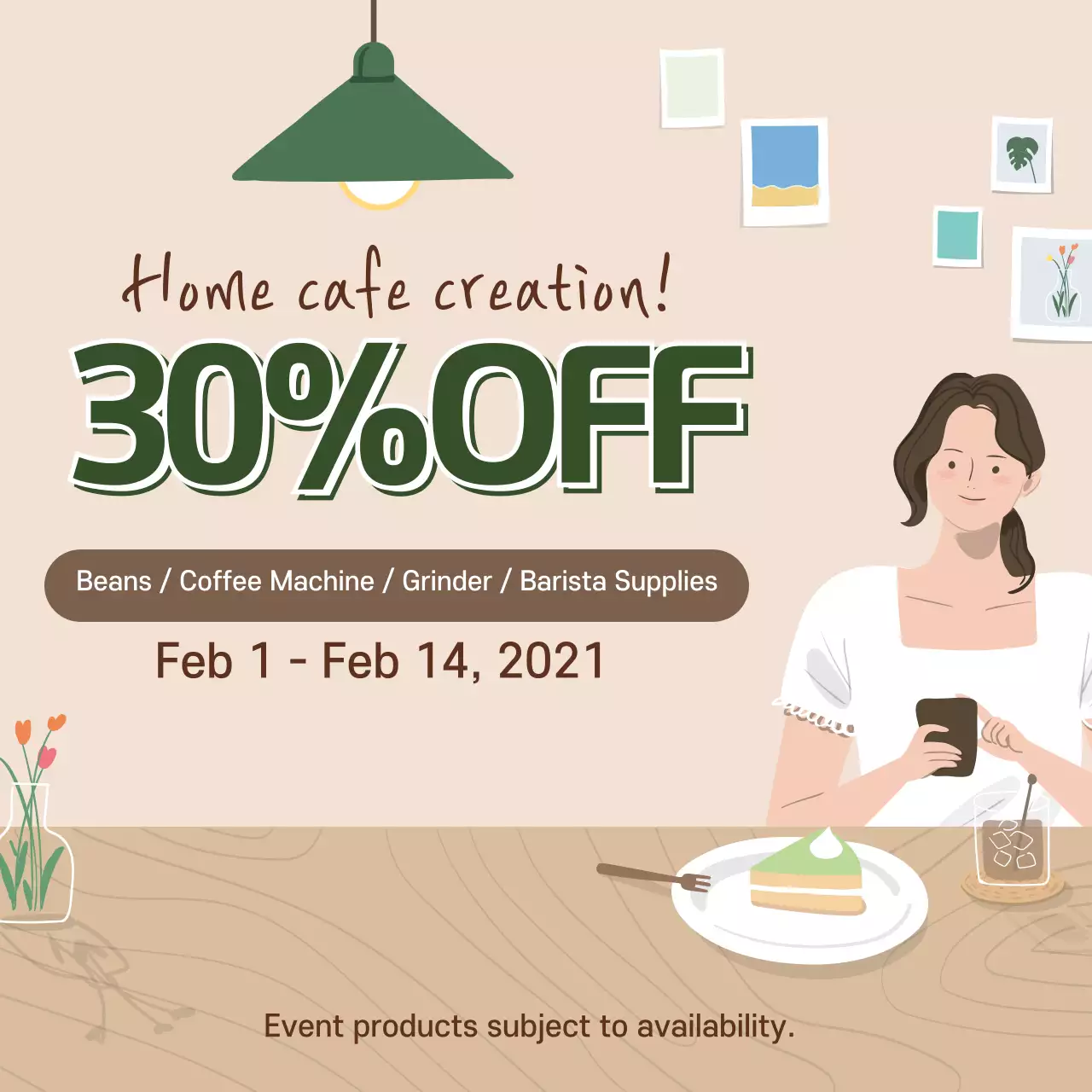 green beige illustration modern interior home cafe event promotion