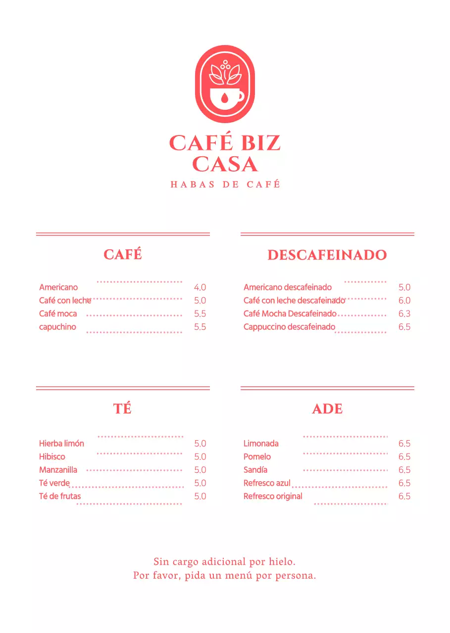Precios de menú para una cafetería de concepto sencillo en rojo y blanco
