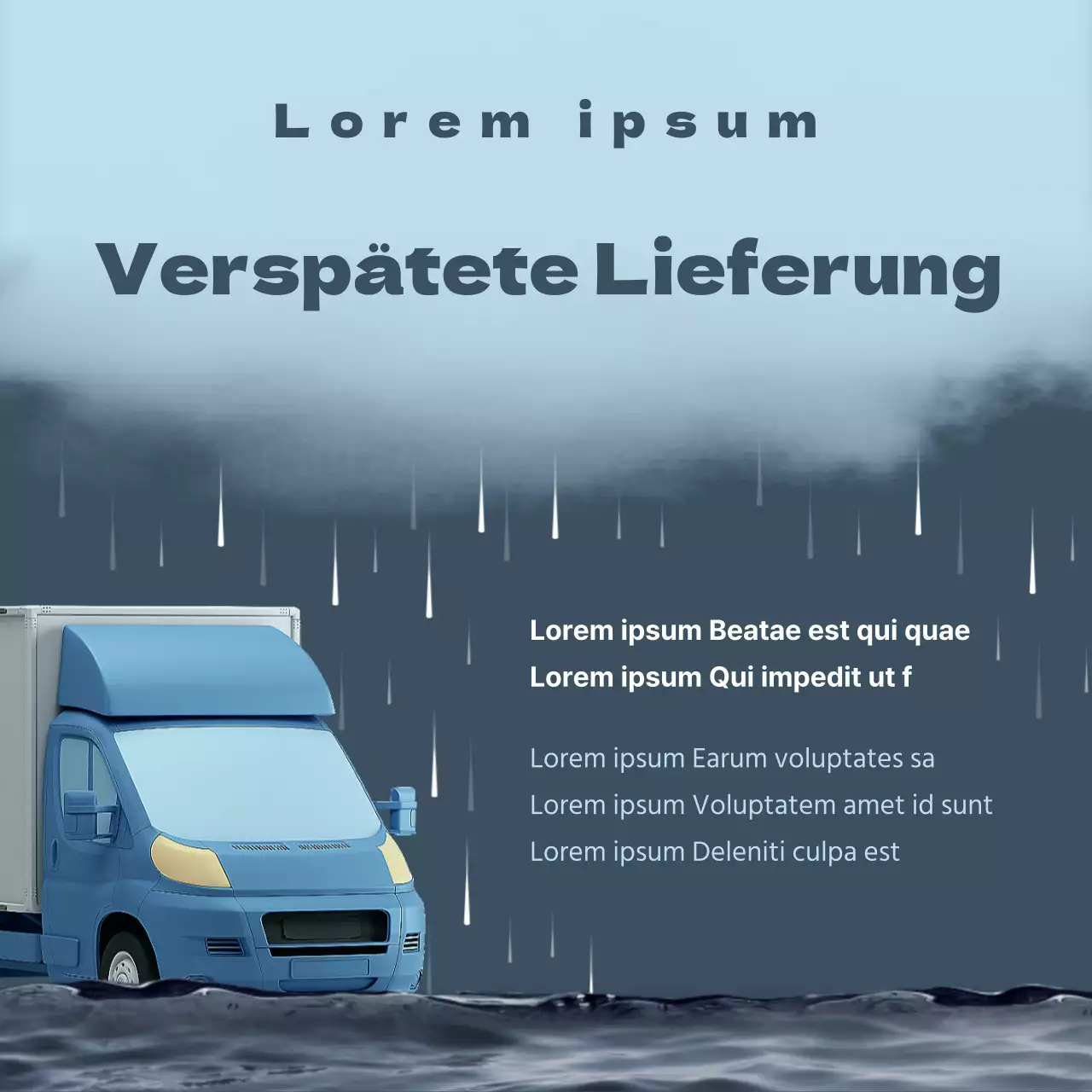 Verspätete Lieferung Hinweis 3D-Illustration eines Lkw-Konzept mit blauen aschfahl inky Wolken und regen-getränkten Lastwagen