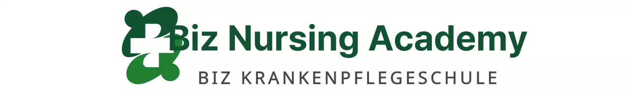 Einfaches Werbedesign mit grünem Logo und dem Namen der Krankenpflegeschule