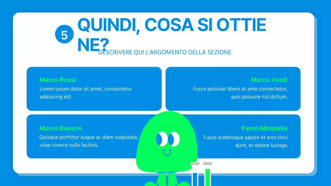 Relazione sull'esperimento scientifico di un personaggio carino in blu e verde lime