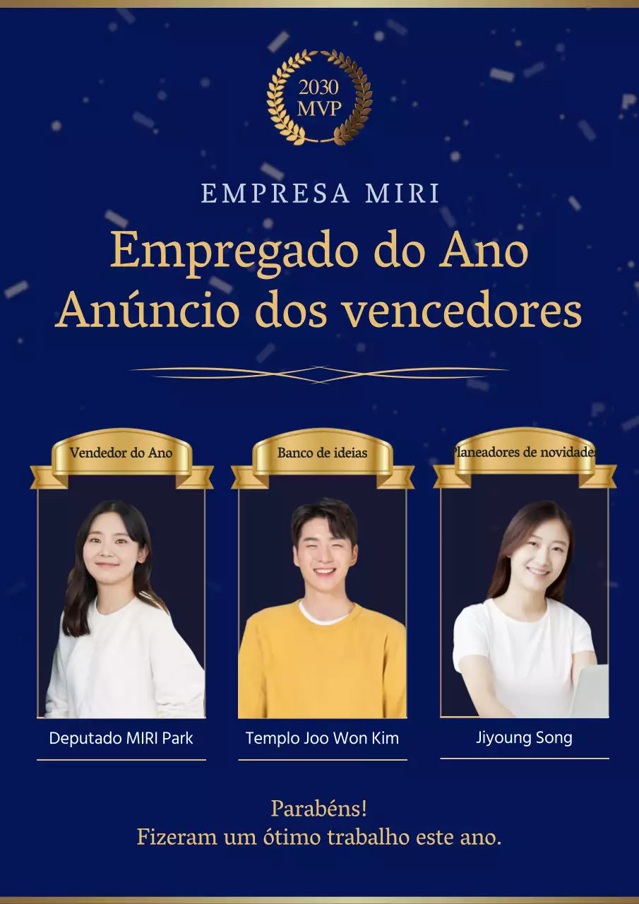 Anúncio dos vencedores num tema de prémios azul e dourado