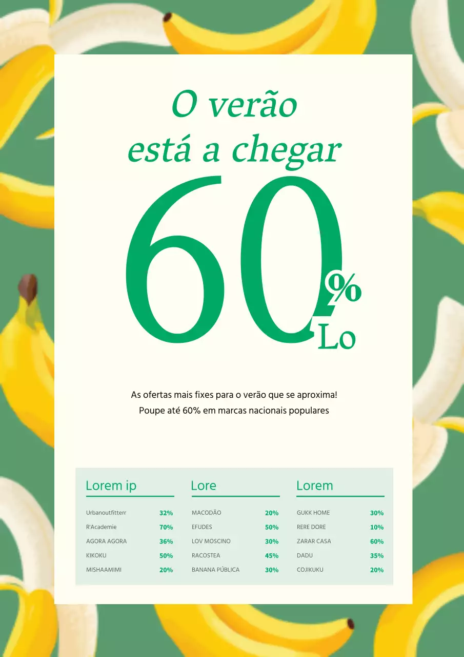 Folheto de promoção do evento de saldos de verão de uma marca popular, em verde e amarelo.