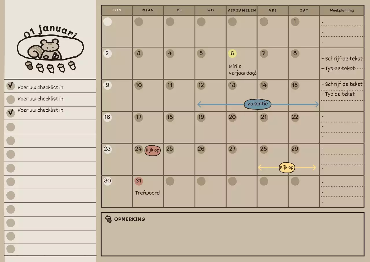 Schattige Geïllustreerde Maandplanner in Beige Bruin