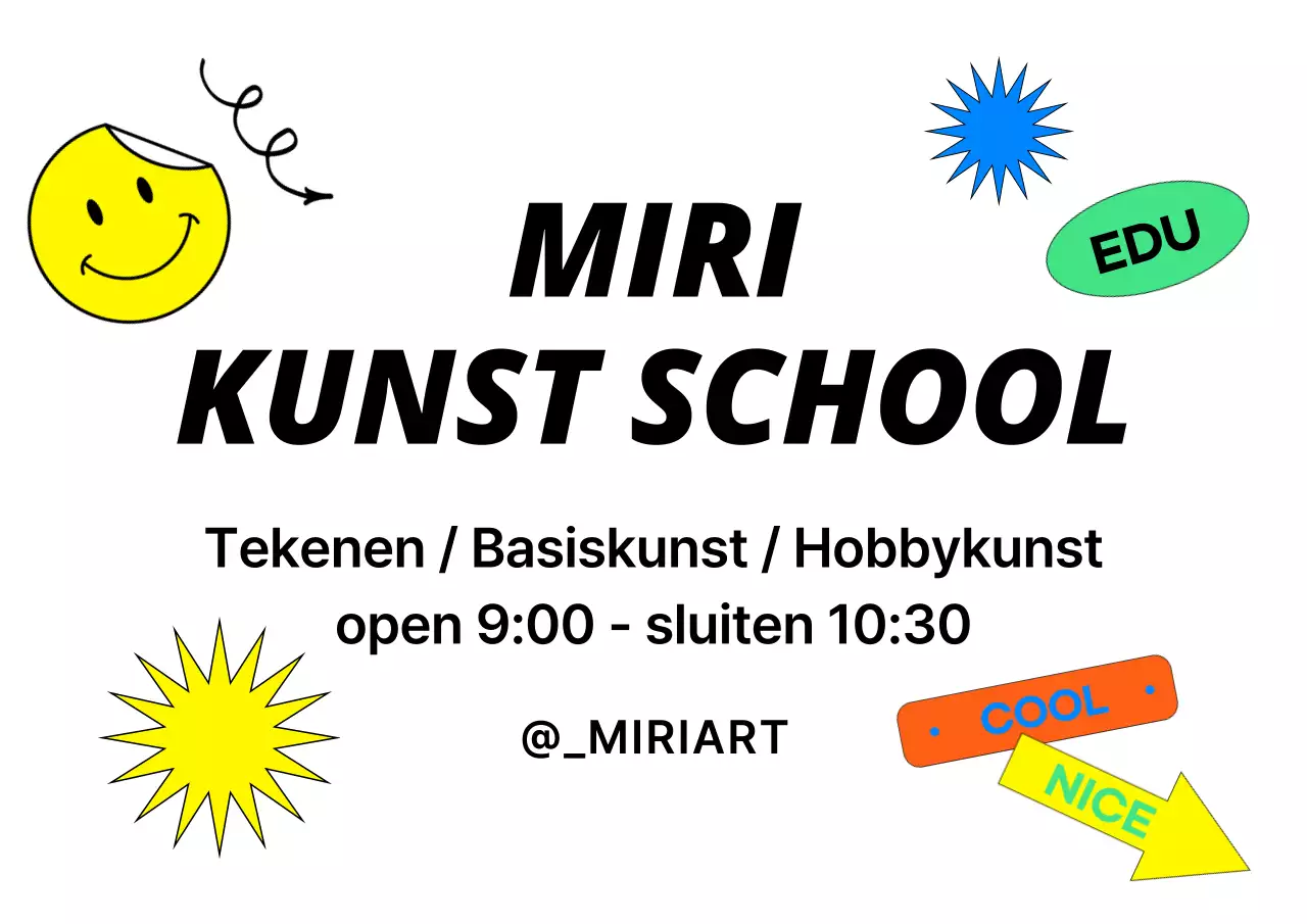 Een promotioneel ontwerp voor een kunstschool met een verscheidenheid aan kleurrijke stickers.