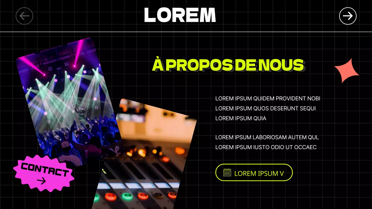 Les autocollants illustrés et les polices de caractères audacieuses en noir et en couleurs néon donnent une impression de rythme aux guides des concerts et des locations.