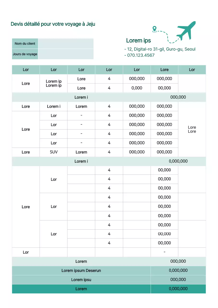 Devis détaillé pour un voyage à Jeju en vert