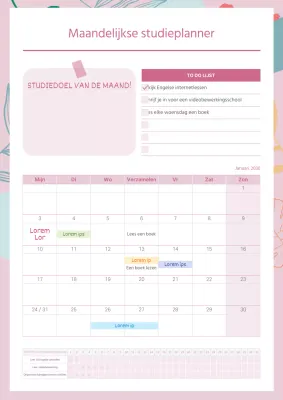 Maandelijkse studieplanner in roze