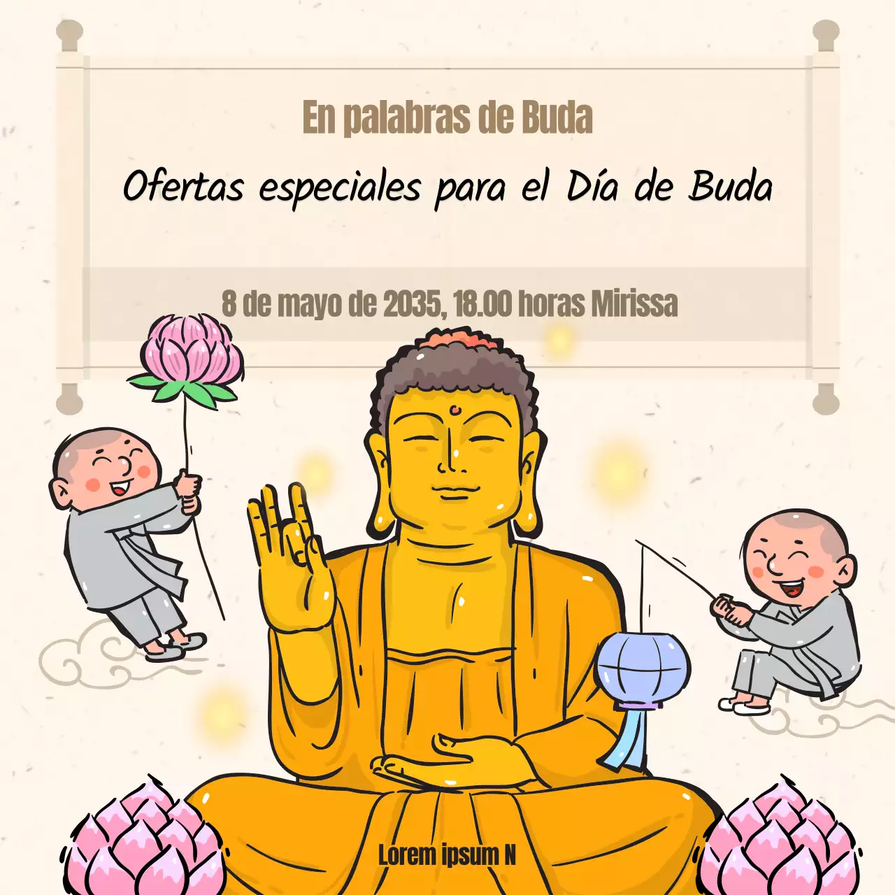 Una colección de ilustraciones budistas en color beige.