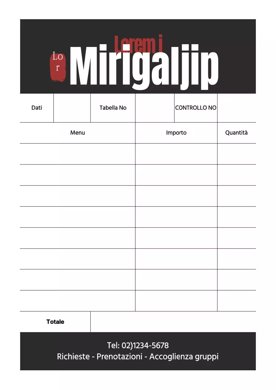 Poster nero e semplice di design del modulo d'ordine del ristorante