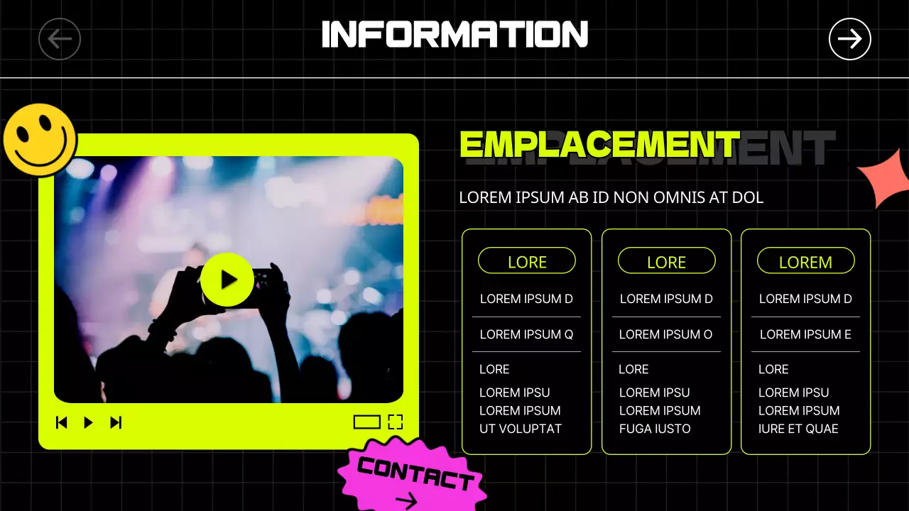 Les autocollants illustrés et les polices de caractères audacieuses en noir et en couleurs néon donnent une impression de rythme aux guides des concerts et des locations.