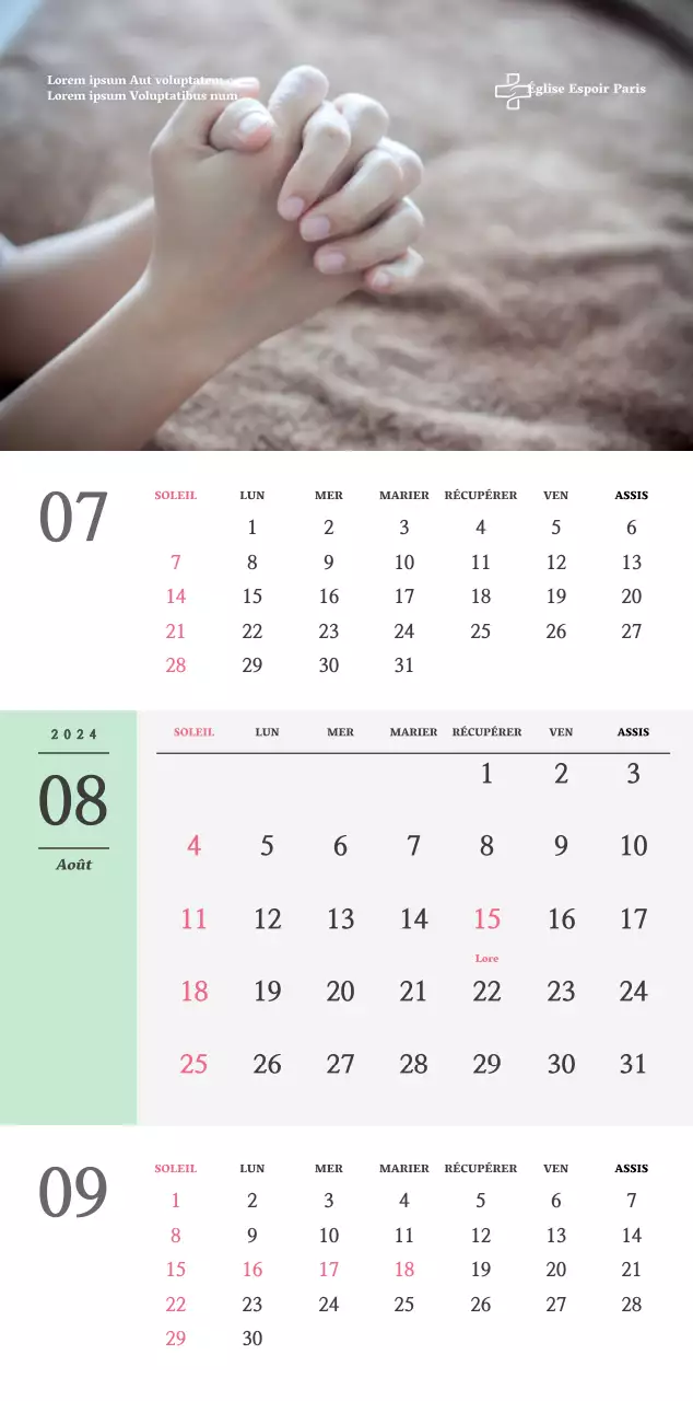 Calendrier mural d'église de conception simple, en noir et blanc, avec des photos religieuses émotionnelles