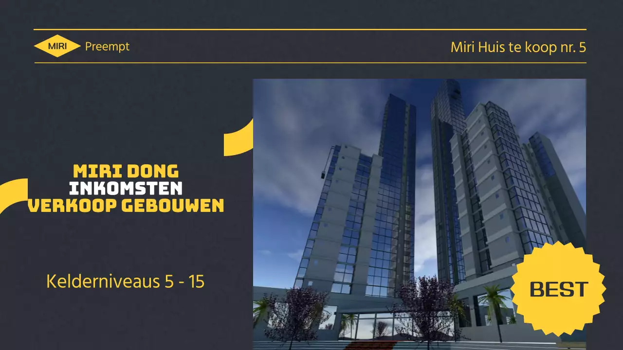 Video van gebouw met gele tekst op donkergrijze achtergrond