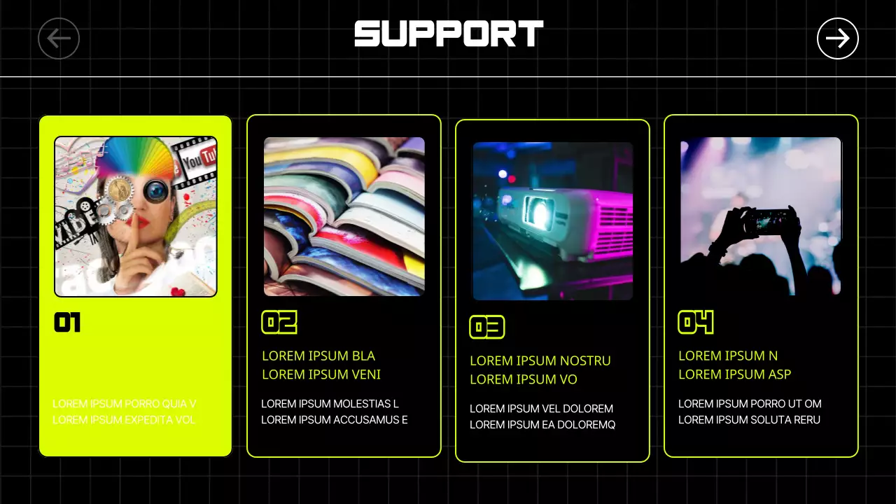 Les autocollants illustrés et les polices de caractères audacieuses en noir et en couleurs néon donnent une impression de rythme aux guides des concerts et des locations.