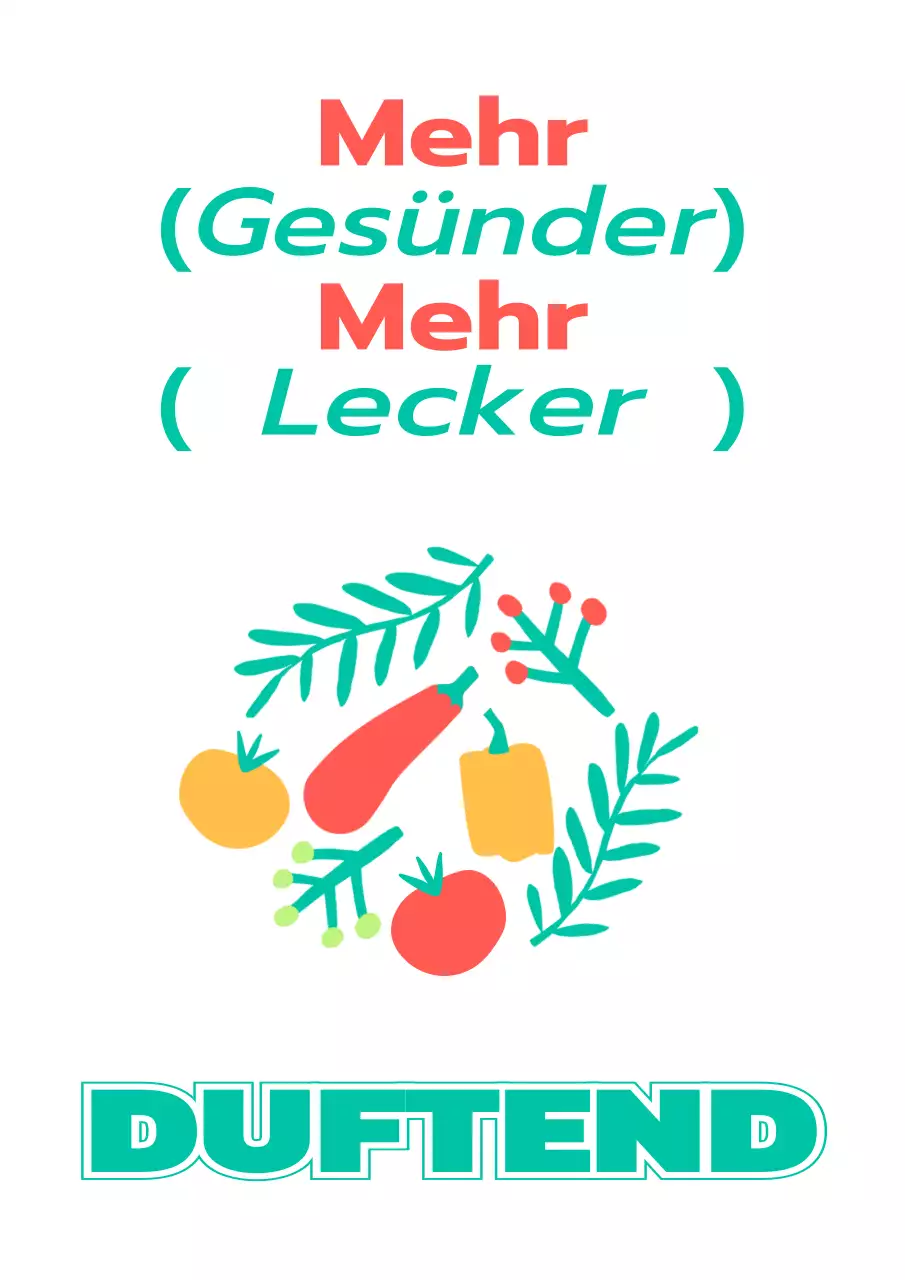 Zur Bewerbung eines Salatladens mit einfachen Illustrationen von Gemüse und Pflanzen in Türkis und Rot.