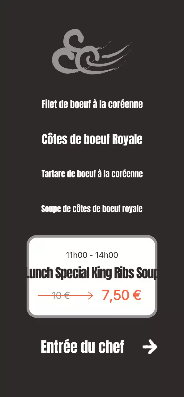 Promouvoir un restaurant propre, d'inspiration coréenne, avec des images de bœuf coréen sur fond noir.