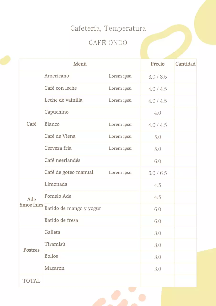 Formas patrón simple café bebidas menú