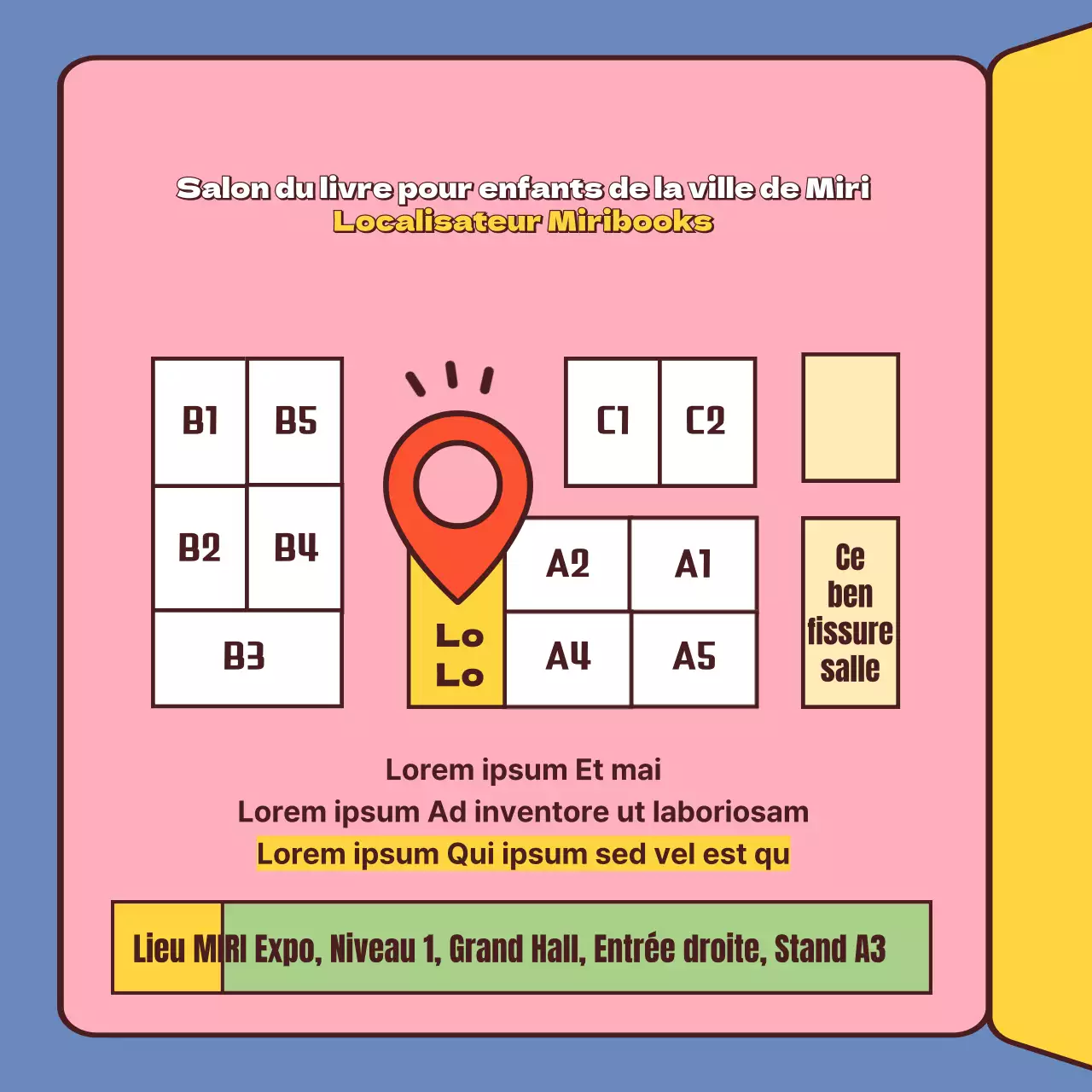 Un guide des salons du livre dans un style jaune et rose mignon