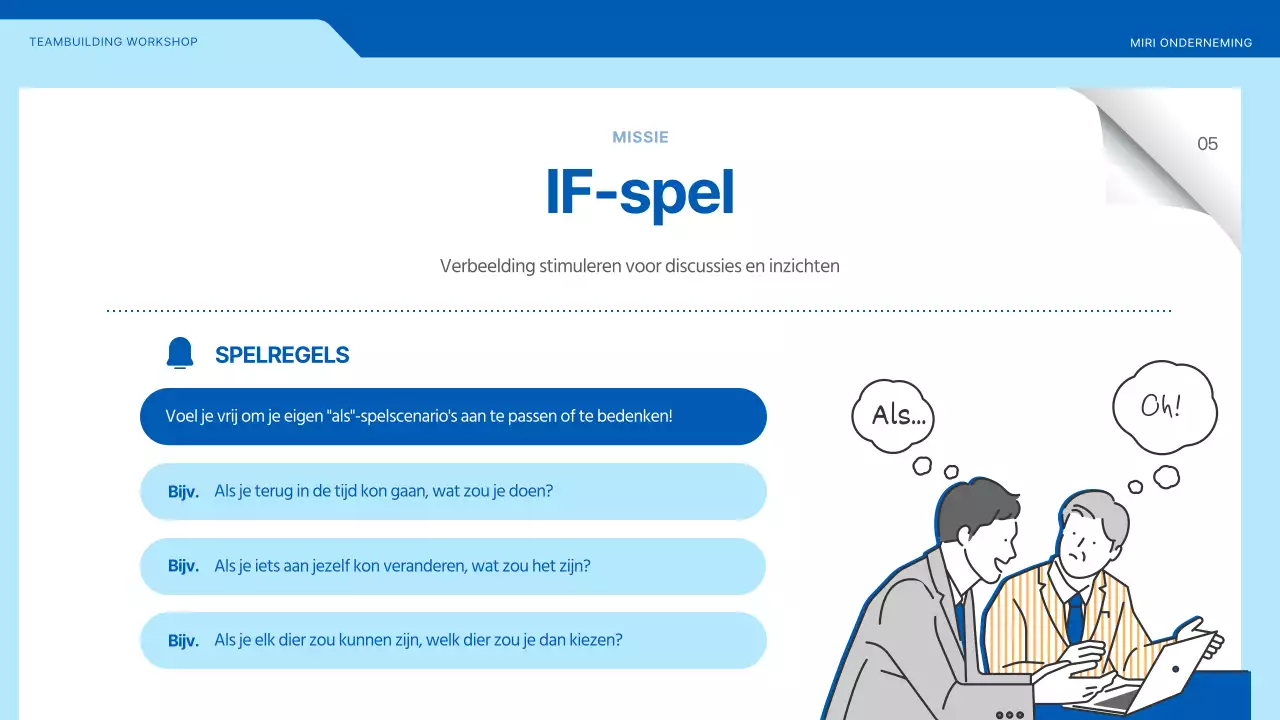 Teambuildingworkshop met illustraties in blauw en geel