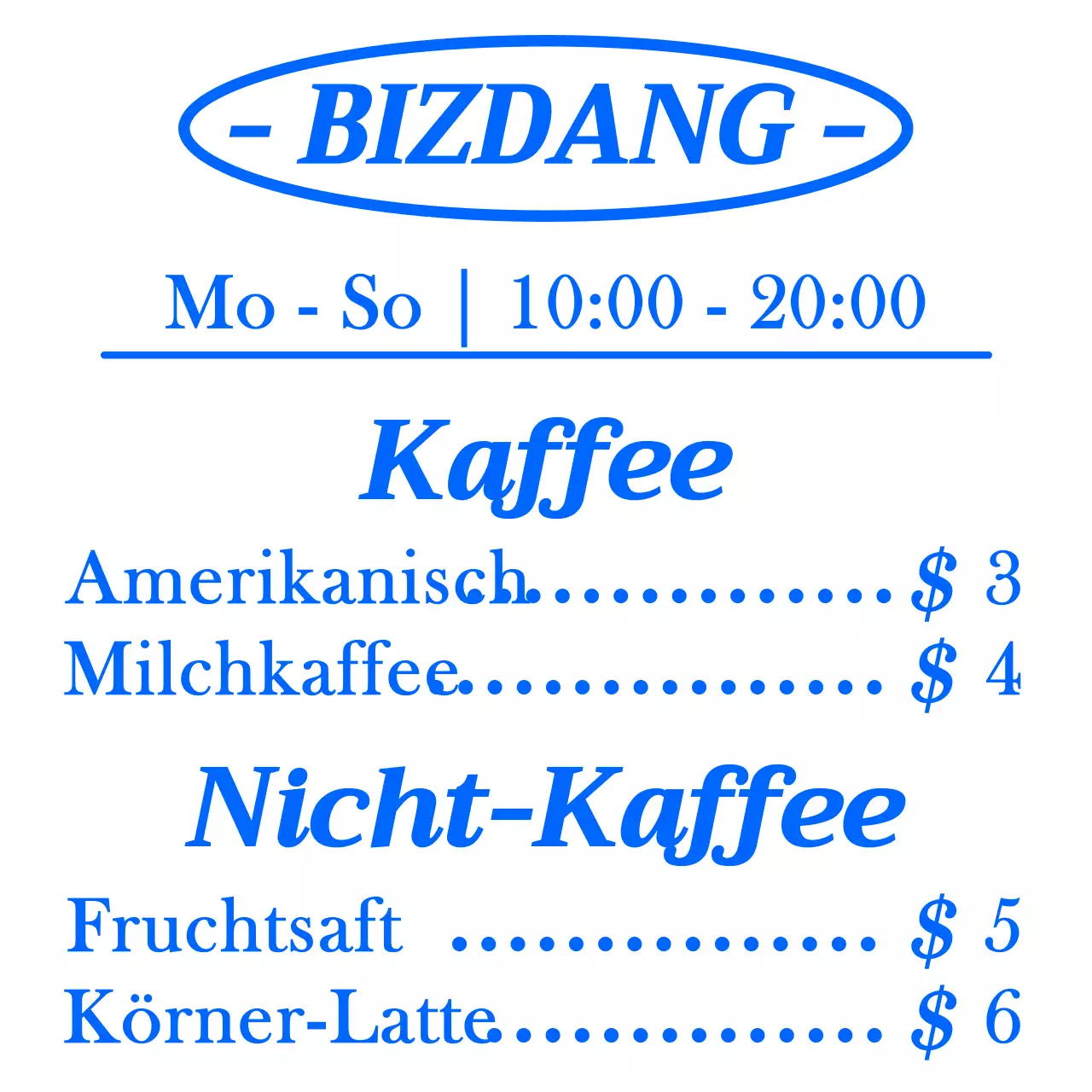 Einfaches, sauberes, textausgerichtetes Layout in Blau und Weiß für ein Café-Menübrett zur Information und Werbung