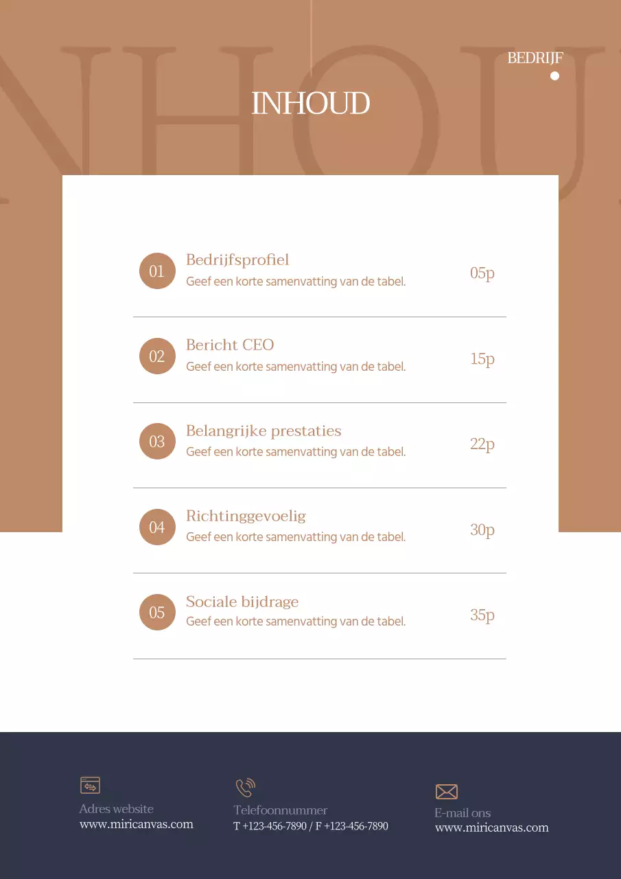 Eenvoudig typografisch zakelijk voorstel verticaal in marineblauw en bruin