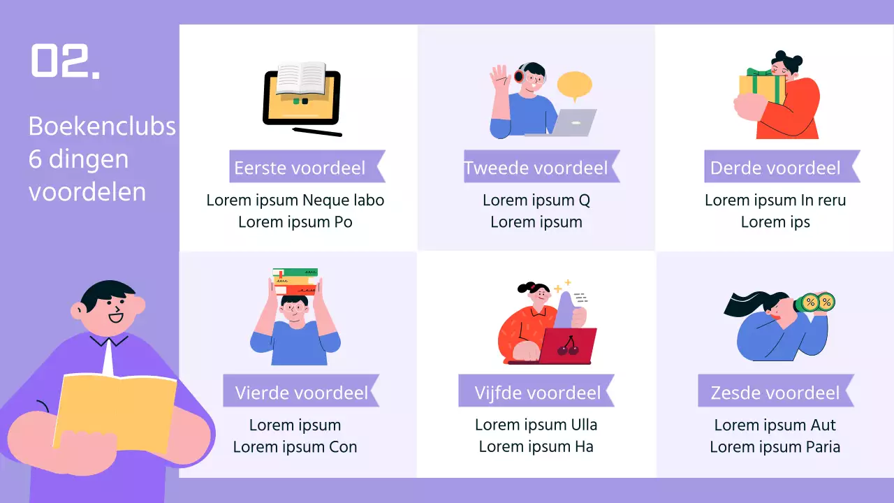 Een boekenplankthema met menselijke illustraties op een eenvoudige achtergrond van paars en blauw.