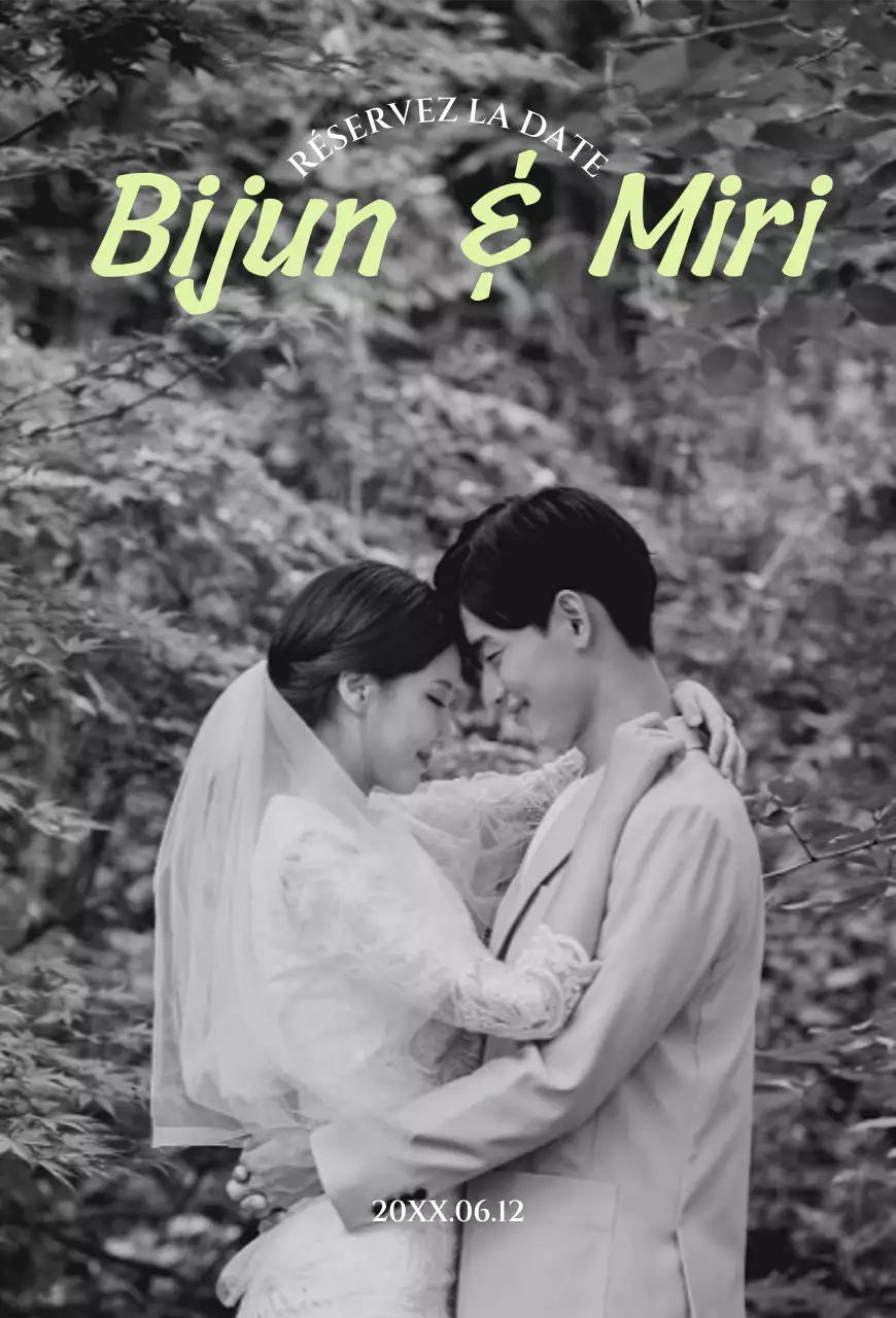 Invitation de mariage en noir et blanc avec des accents verts