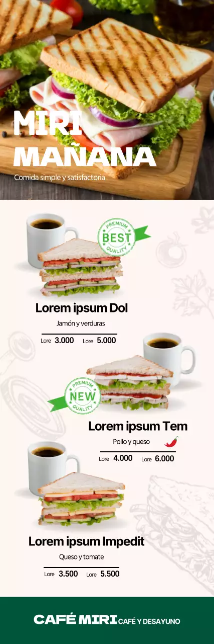 Carta de bocadillos de restaurante limpia con foto resaltada en verde