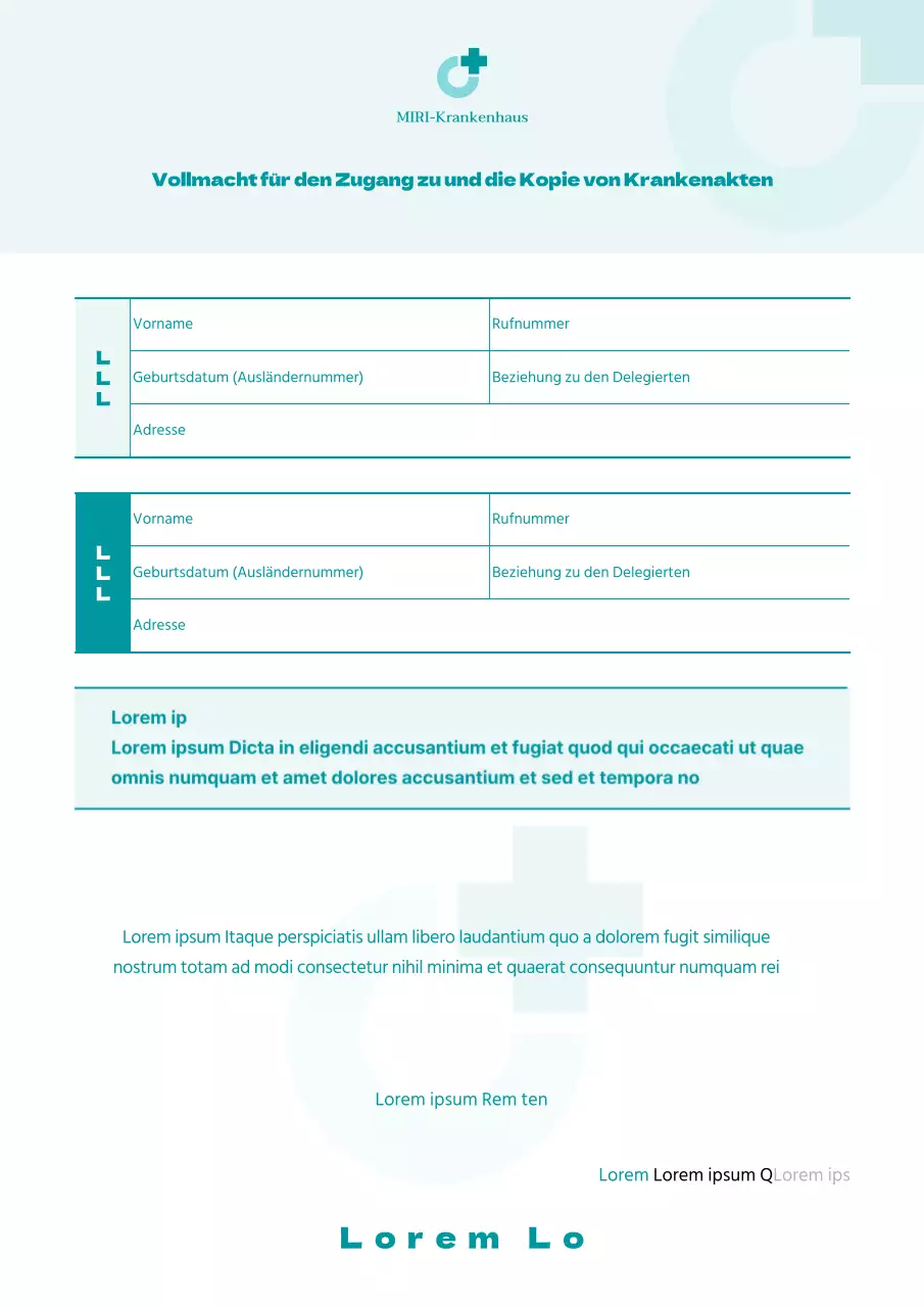 Eine einfache, mintfarbene Vollmacht zur Einsichtnahme und zum Kopieren von Krankenakten