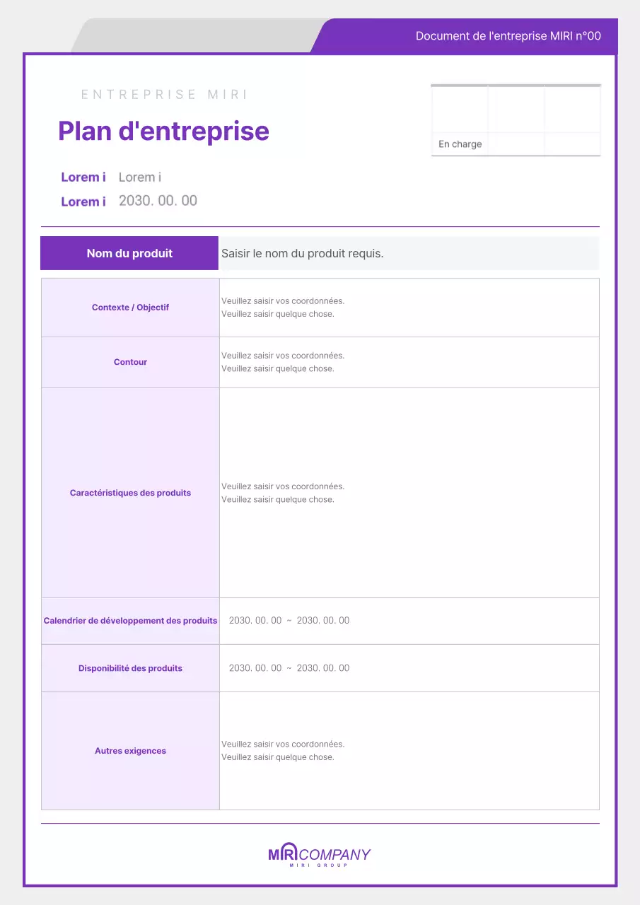 Documentation simple et claire sur le plan d'affaires en violet