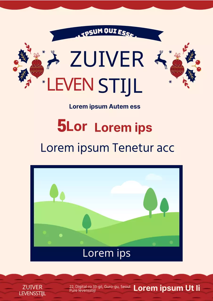 Promoot een jubileumevenement met een illustratie van ivoorkleurige en rode kerstdecoraties