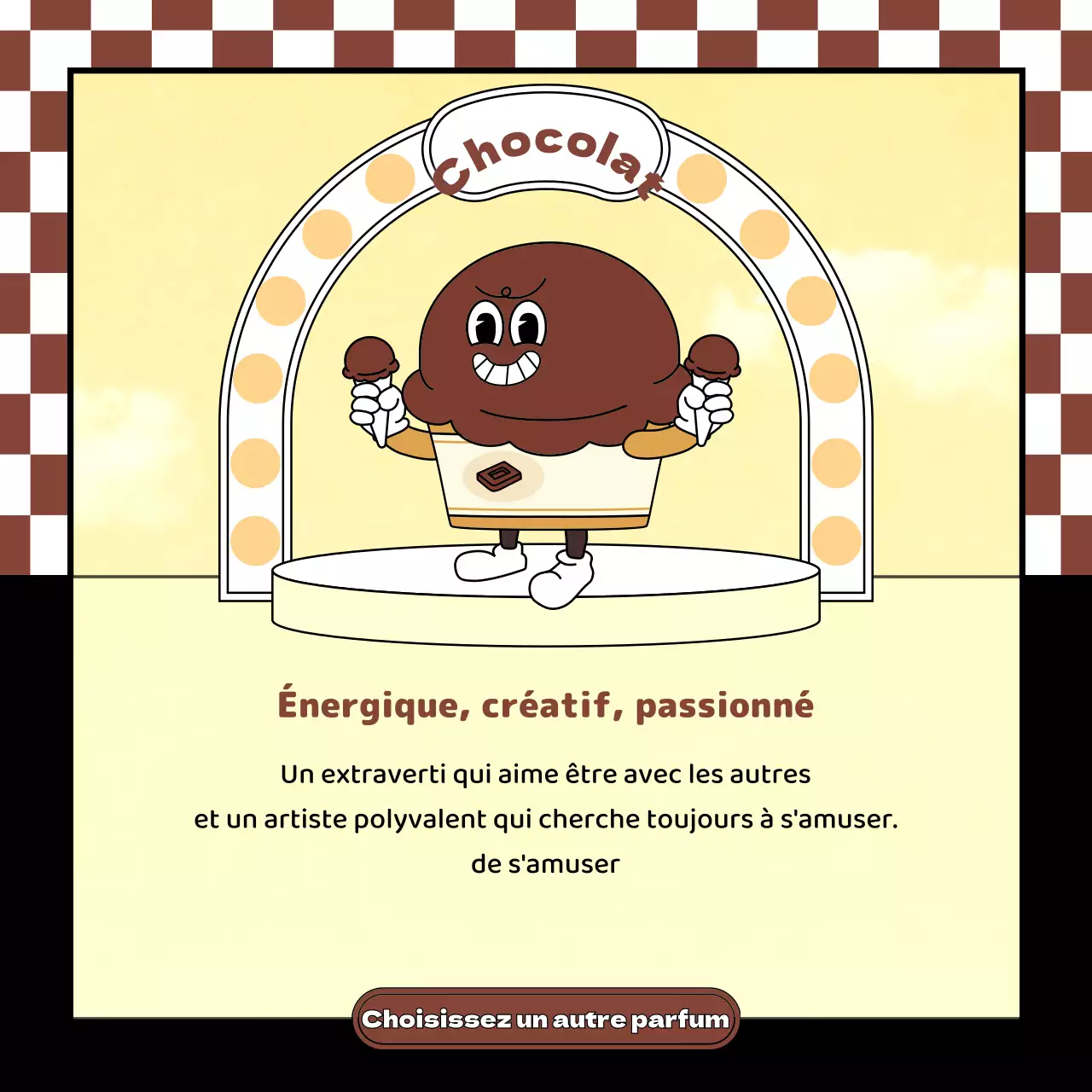 Illustration d'un mignon personnage rétro de crème glacée de couleur rose menthe chocolat