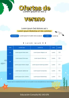 Un bonito folleto en tonos azules que anuncia el calendario de clases de las vacaciones de verano.