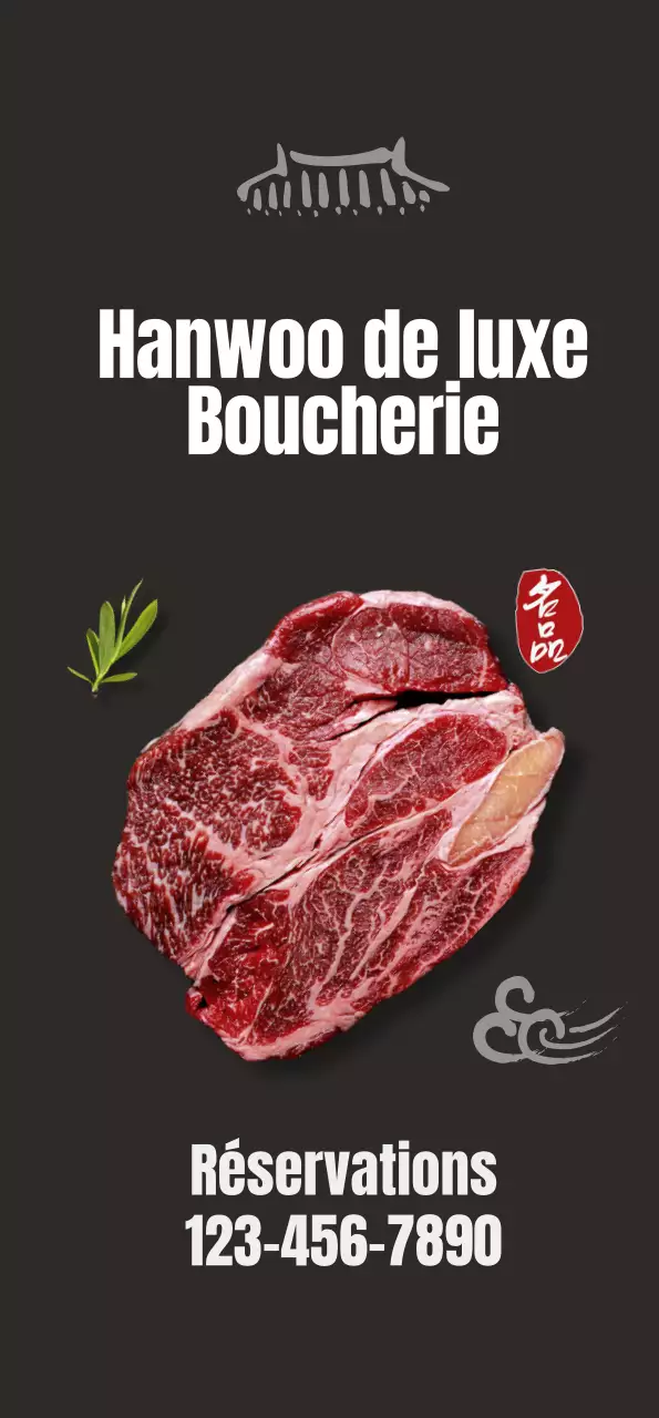 Promouvoir un restaurant propre, d'inspiration coréenne, avec des images de bœuf coréen sur fond noir.