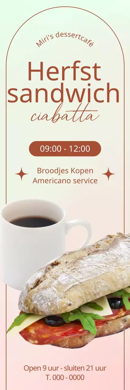 Banner met een foto van een broodje en koffie op een achtergrond met kleurverloop