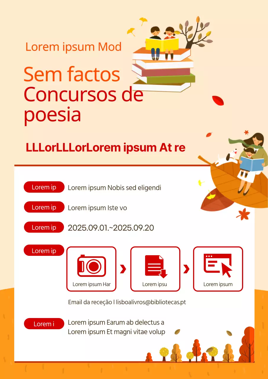 Ilustrações de livros para crianças em vermelho e laranja Concurso de poesia outonal