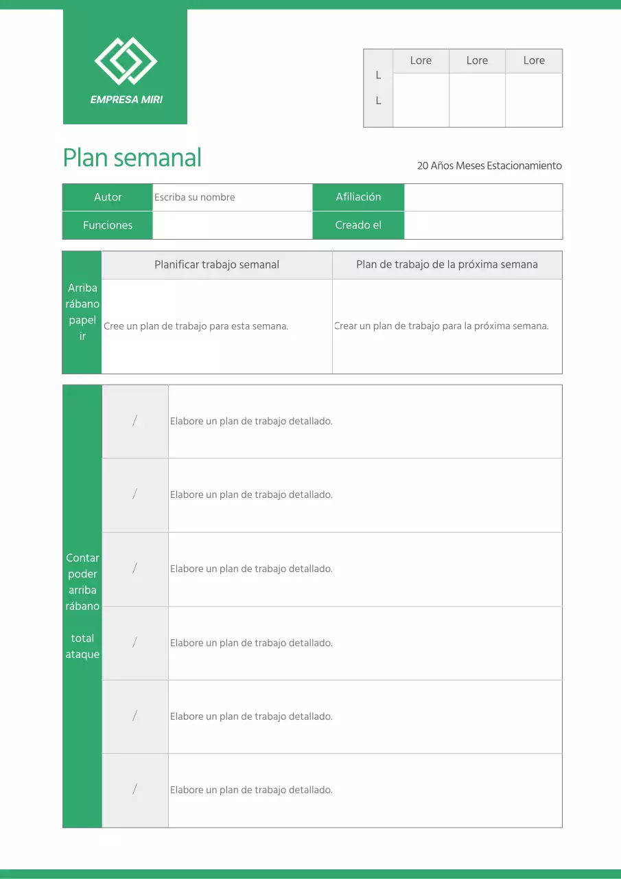 Un planificador semanal limpio en verde y gris