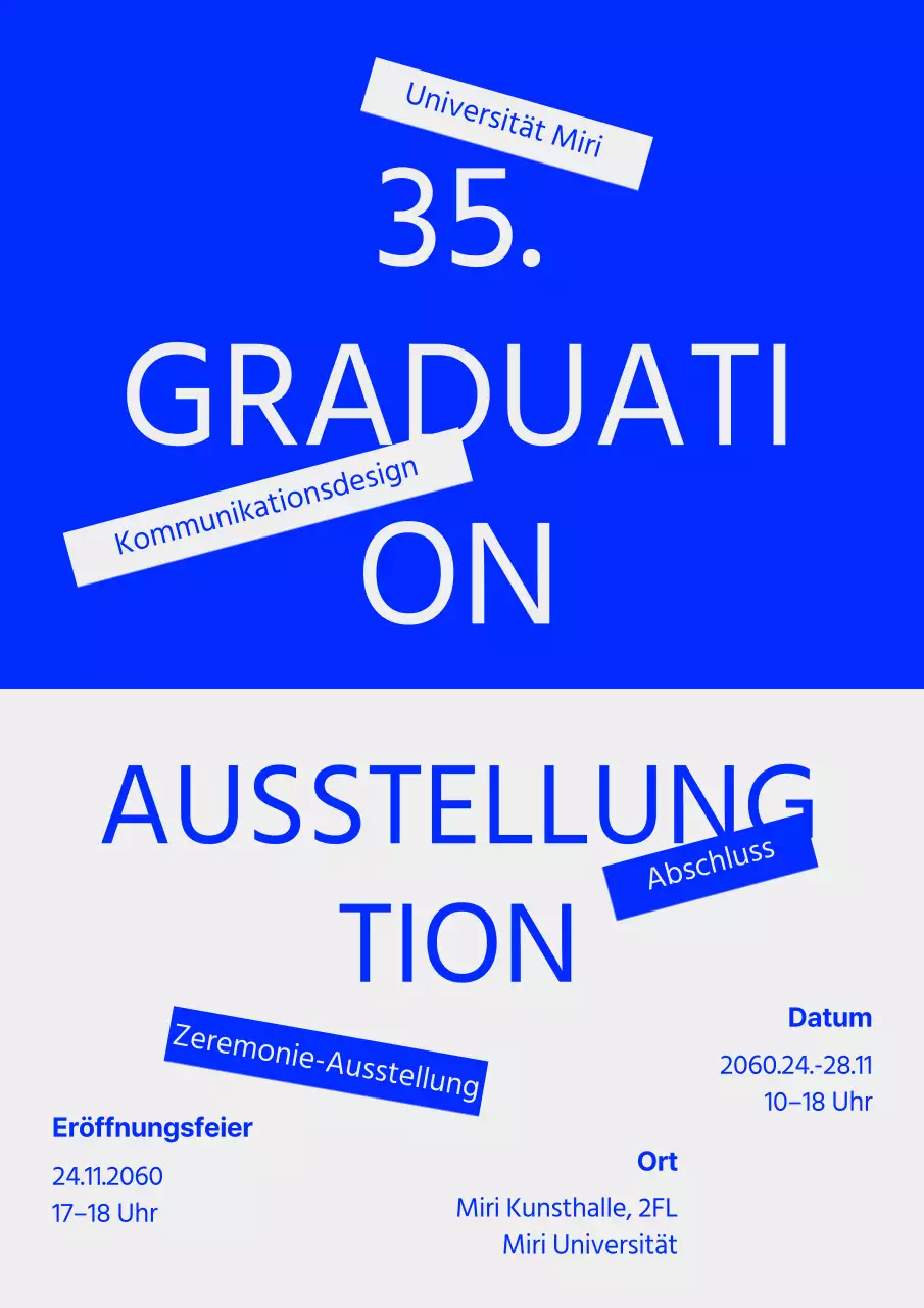 Ankündigung einer Abschlussausstellung mit blauen und grauen Text-Highlights