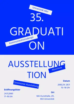 Ankündigung einer Abschlussausstellung mit blauen und grauen Text-Highlights
