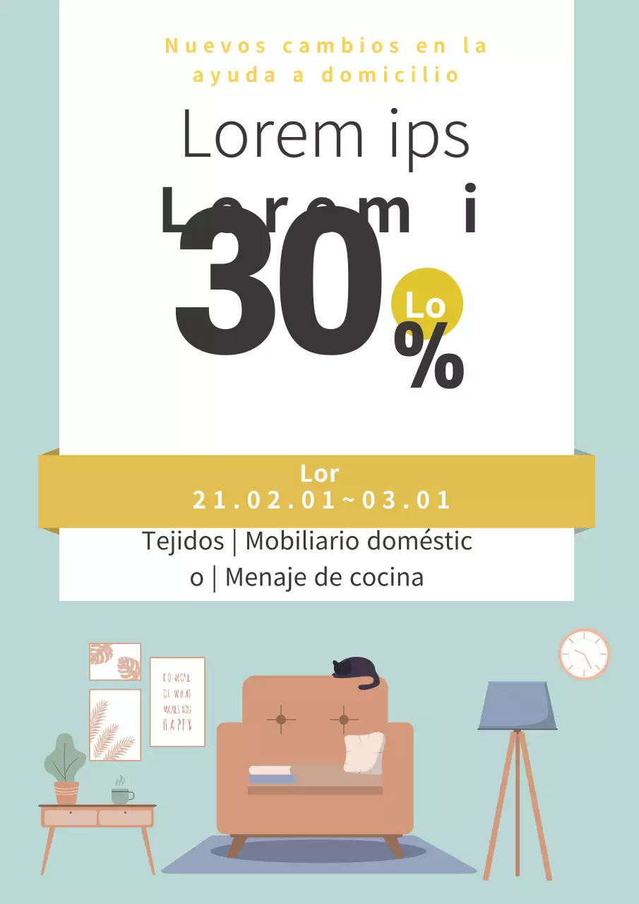 Bonito folleto azul claro y amarillo para promocionar una venta de artículos de interior