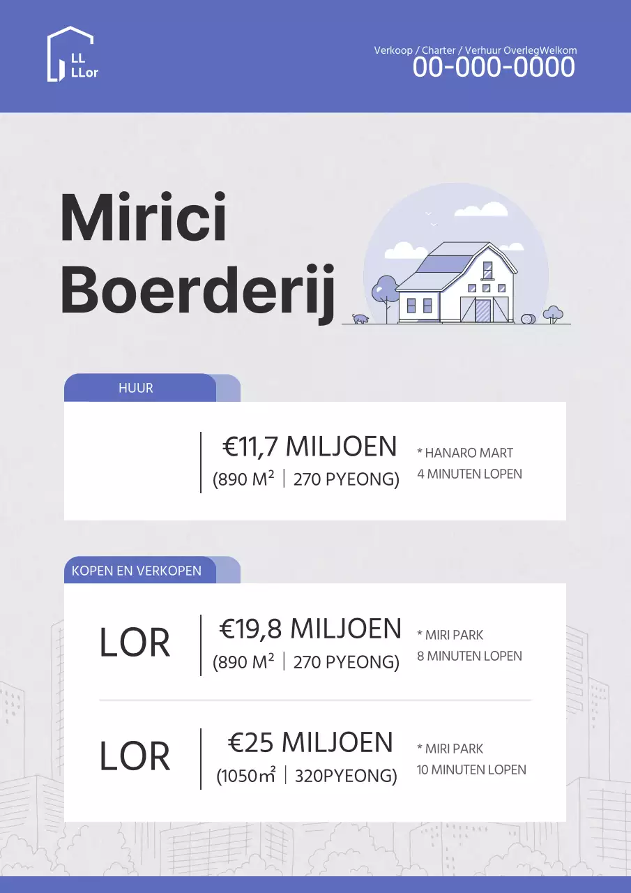 Eenvoudige illustratie in blauwe tinten voor een listingdocument van een onroerendgoedtransactie.
