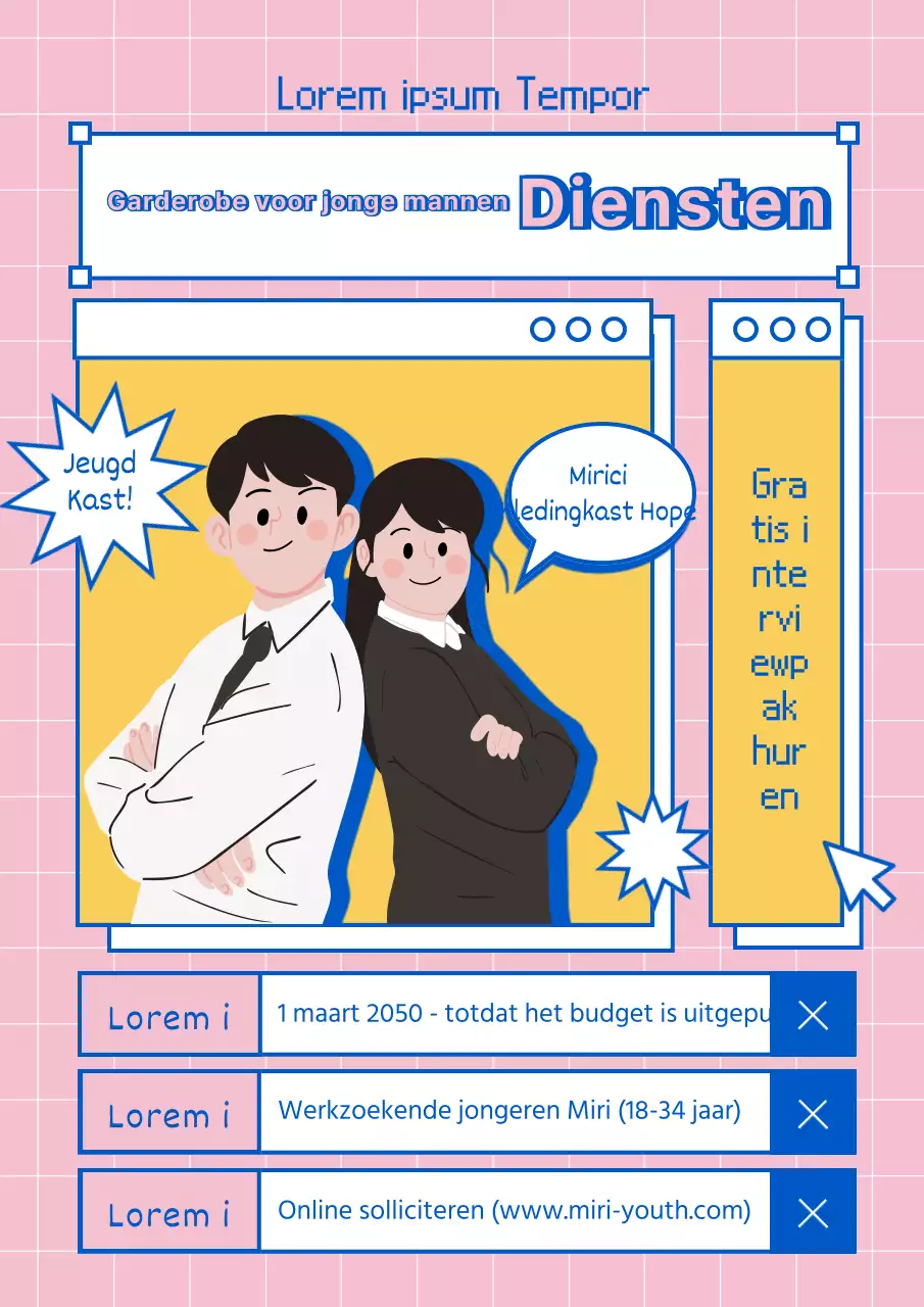 Illustratie van een internet zoekbox concept in blauw en geel voor een sollicitatiegesprek outfit verhuur service.