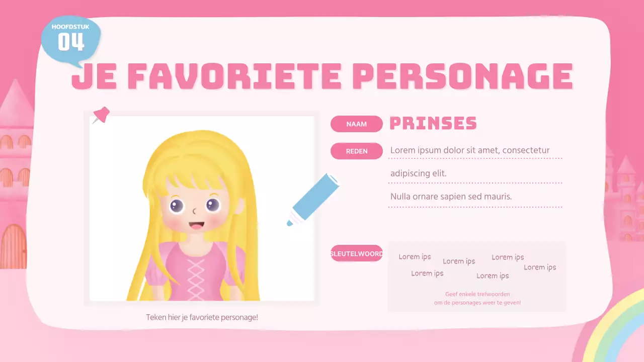 Een schattige roze prinsessen sprookjes acteerles