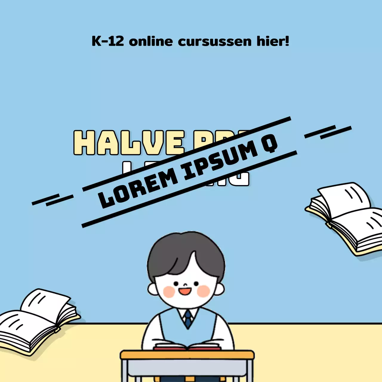 Blauwe achtergrond mannelijke student geanimeerd notitieboekje vliegen halve prijs lezing evenement